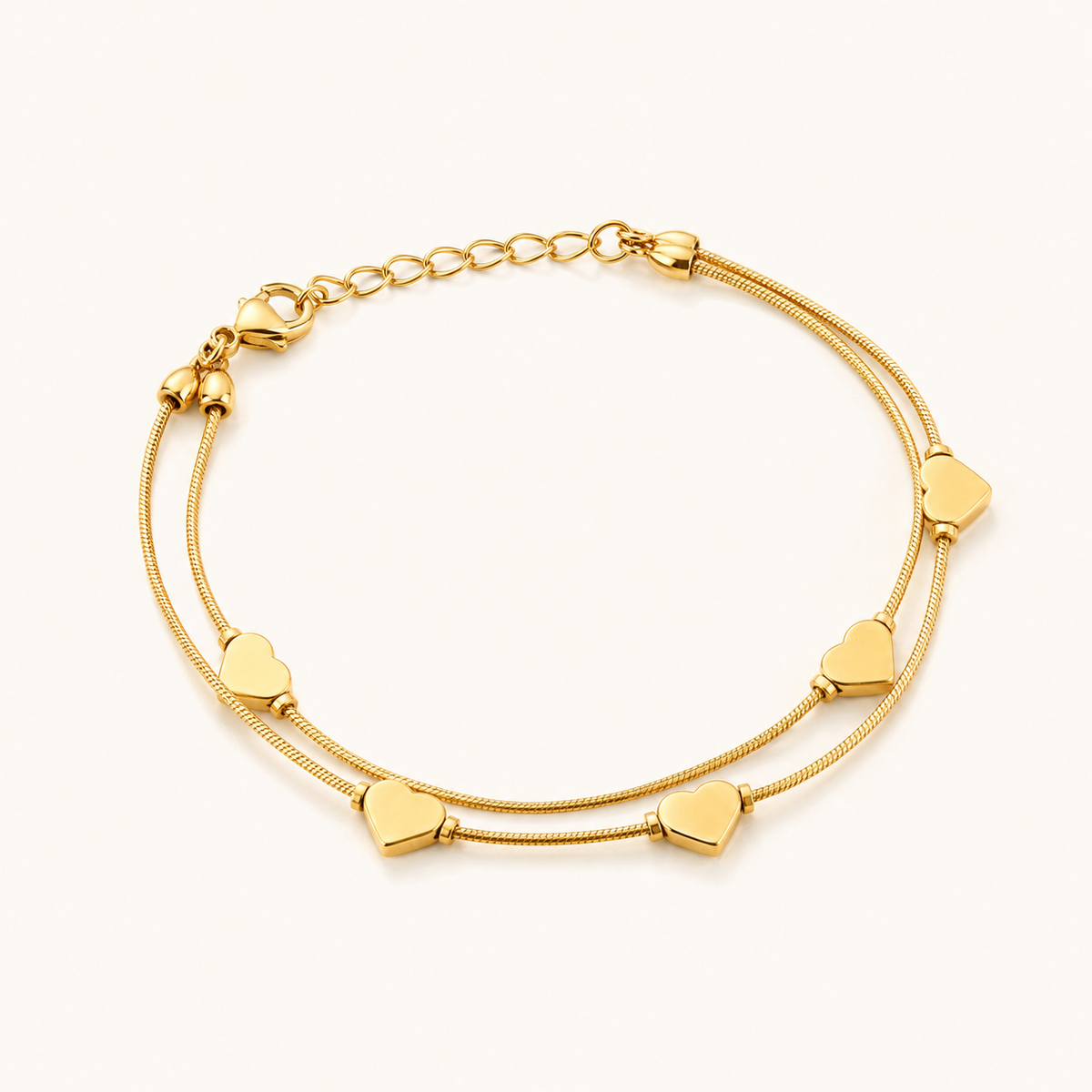 Pulseira Folheada a Ouro 18k Duplo Corações Lisos