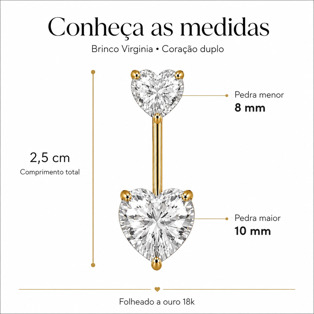 Brinco Virginia Folheado a Ouro 18k Coração Cristal Duplo