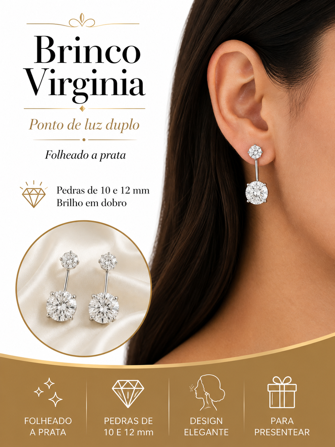 Brinco Virginia Folheado a Prata Ponto de Luz Duplo