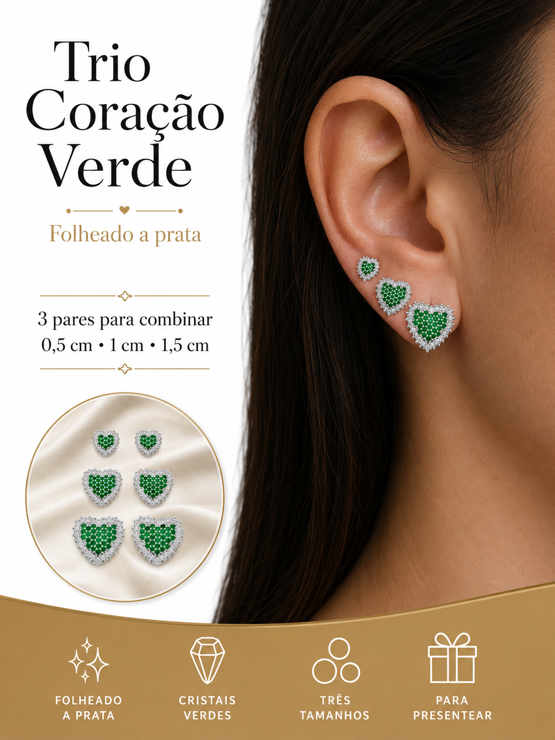 Trio de Brinco Folheado a Ouro 18k e Prata Coração Cravejado