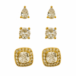 Trio de Brinco Folheado a Ouro 18k e Prata Quadrado Cristal Colorido Com Gota
