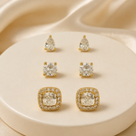 Trio de Brinco Folheado a Ouro 18k e Prata Quadrado Cristal Colorido Com Gota