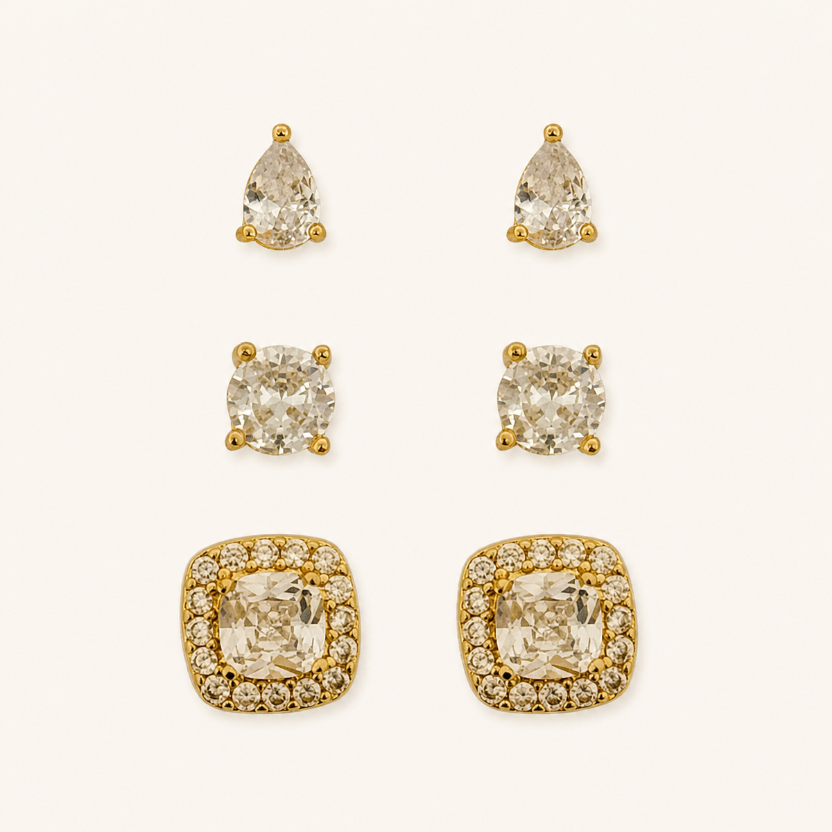 Trio de Brinco Folheado a Ouro 18k e Prata Quadrado Cristal Colorido Com Gota