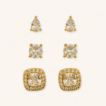 Trio de Brinco Folheado a Ouro 18k e Prata Quadrado Cristal Colorido Com Gota