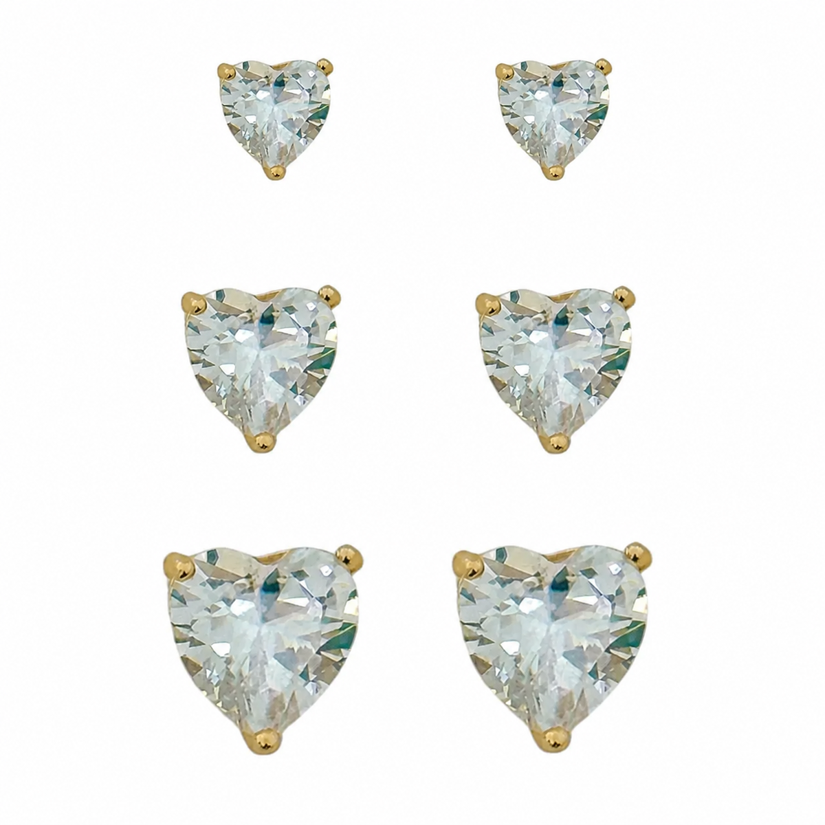 Trio de Brinco Folheado a Ouro 18k e Prata Coração de Cristal P, M e G