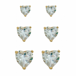 Trio de Brinco Folheado a Ouro 18k e Prata Coração de Cristal P, M e G
