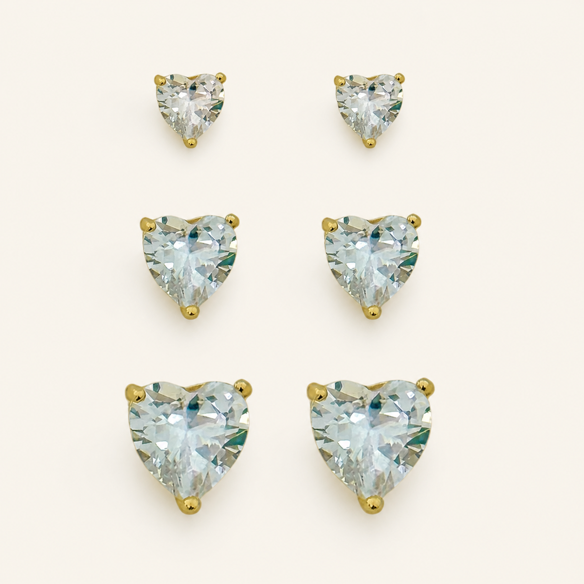 Trio de Brinco Folheado a Ouro 18k e Prata Coração de Cristal P, M e G