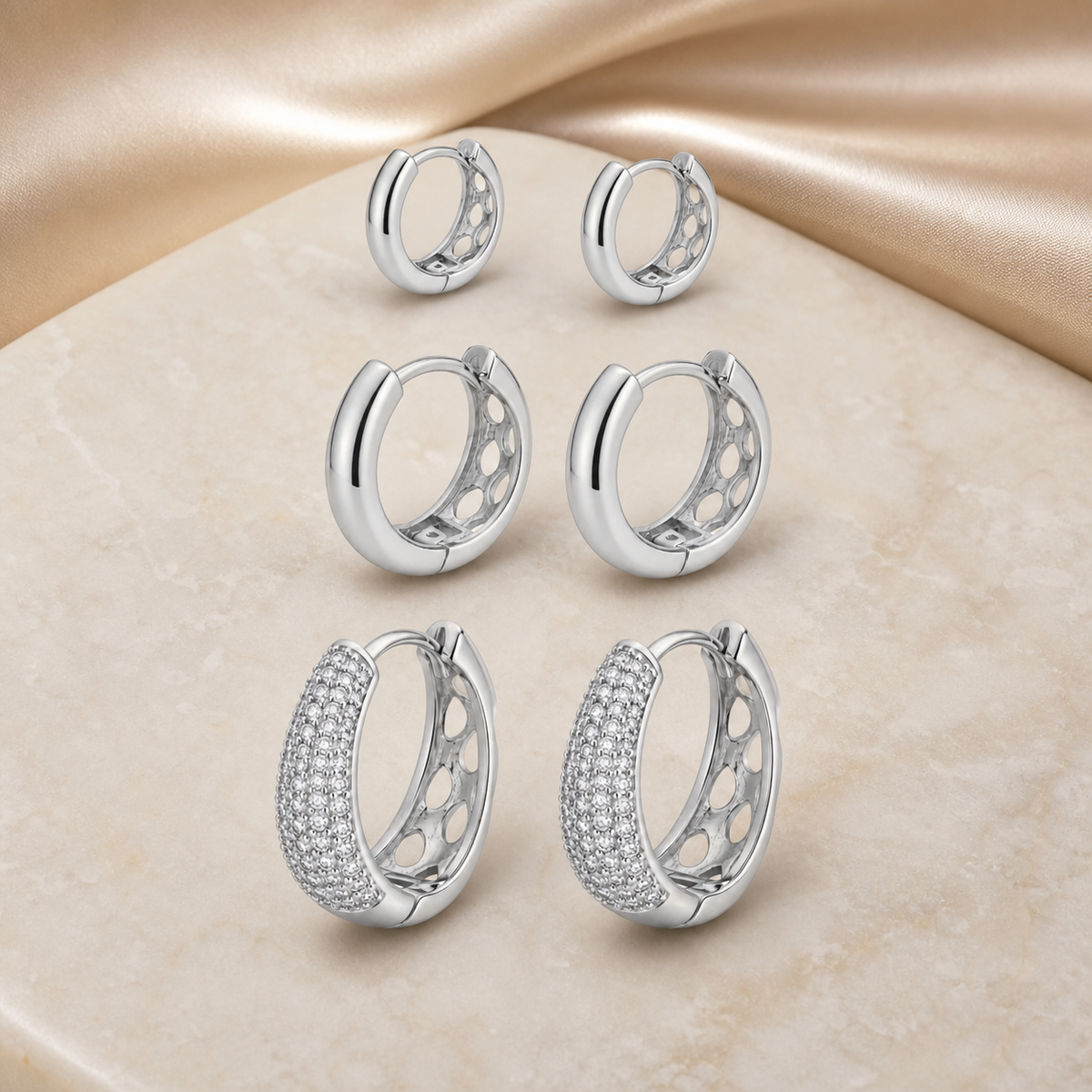 Trio de Brinco Folheado a Ouro 18k e Prata Argolas Lisas e Cravejadas