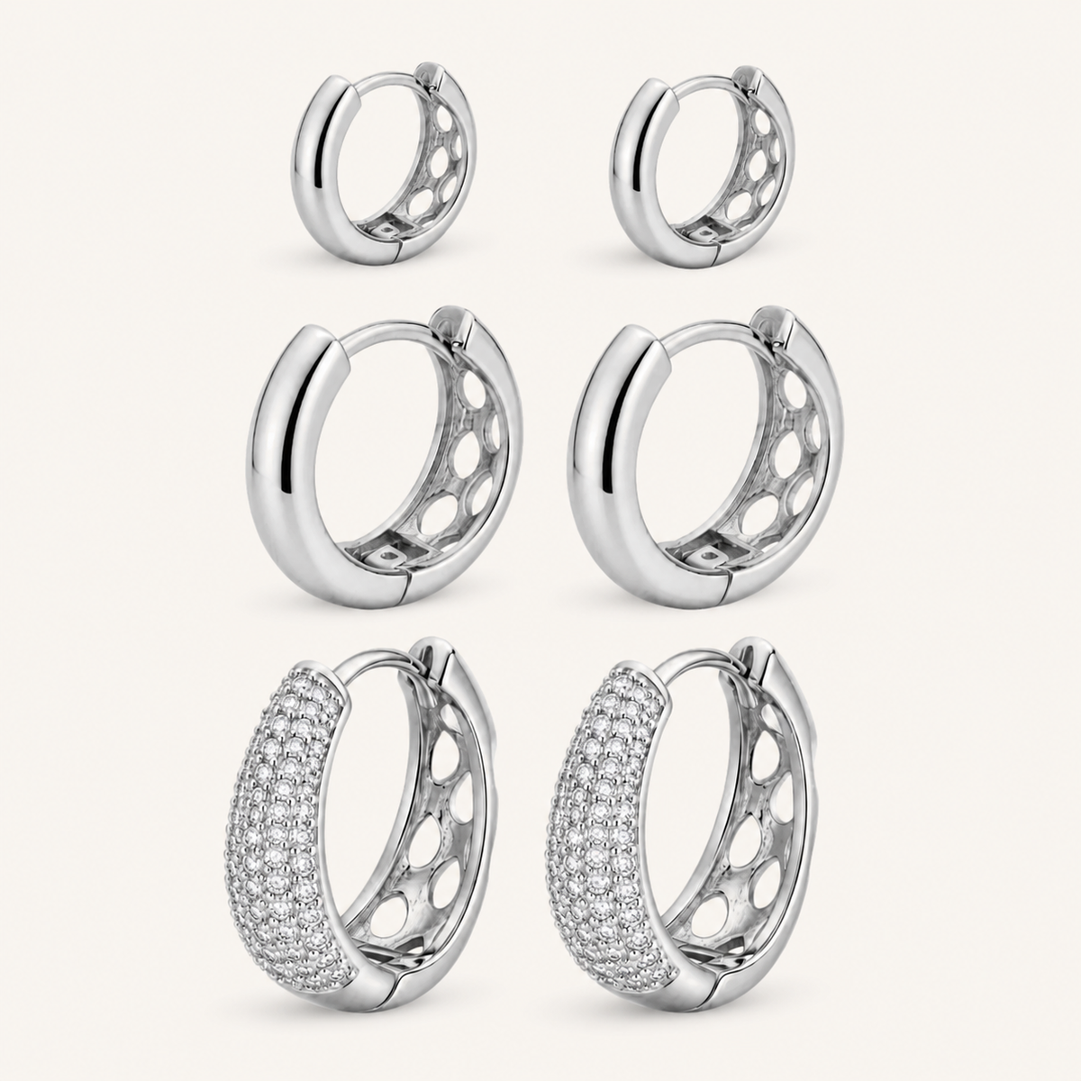 Trio de Brinco Folheado a Ouro 18k e Prata Argolas Lisas e Cravejadas