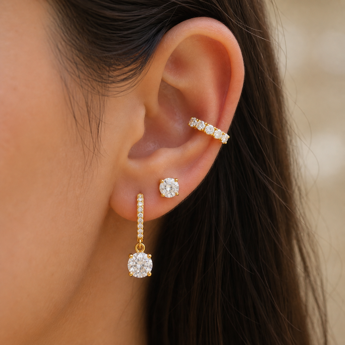 Kit Brinco e Piercing Folheado a Ouro 18k e Prata Circulo de Cristal