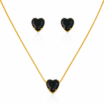 Conjunto Colar e Brinco Folheado a Ouro 18k e Prata Ponto de Luz Coração - Preto