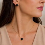 Conjunto Colar e Brinco Folheado a Ouro 18k e Prata Ponto de Luz Coração - Preto