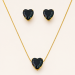 Conjunto Colar e Brinco Folheado a Ouro 18k e Prata Ponto de Luz Coração - Preto