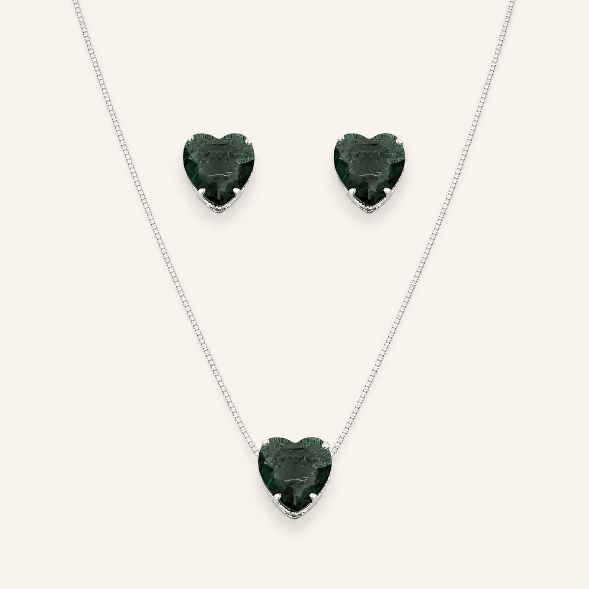 Conjunto Colar e Brinco Folheado a Ouro 18k e Prata Coração de Cristal - Prata - Verde