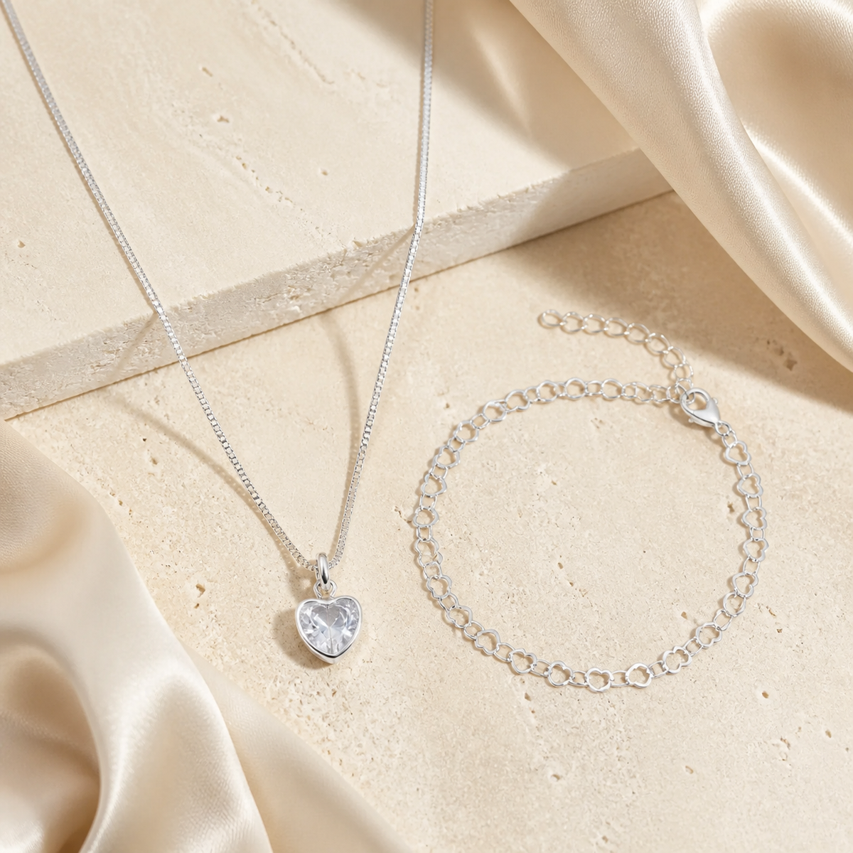 Conjunto Colar e Pulseira Folheado a Prata Brilhante