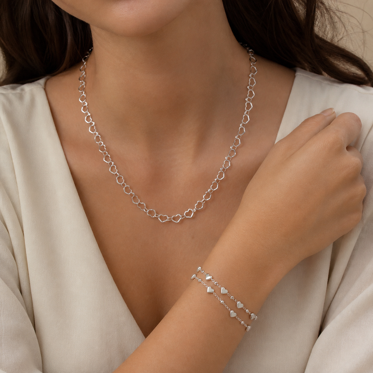 Conjunto Colar e Pulseira Folheado a Prata 925 Elos de Coração