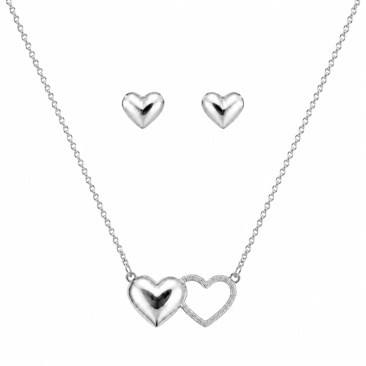 Conjunto Colar e Brinco Folheado a Ouro 18k e Prata 925 Coração Liso e Vazado - Prata
