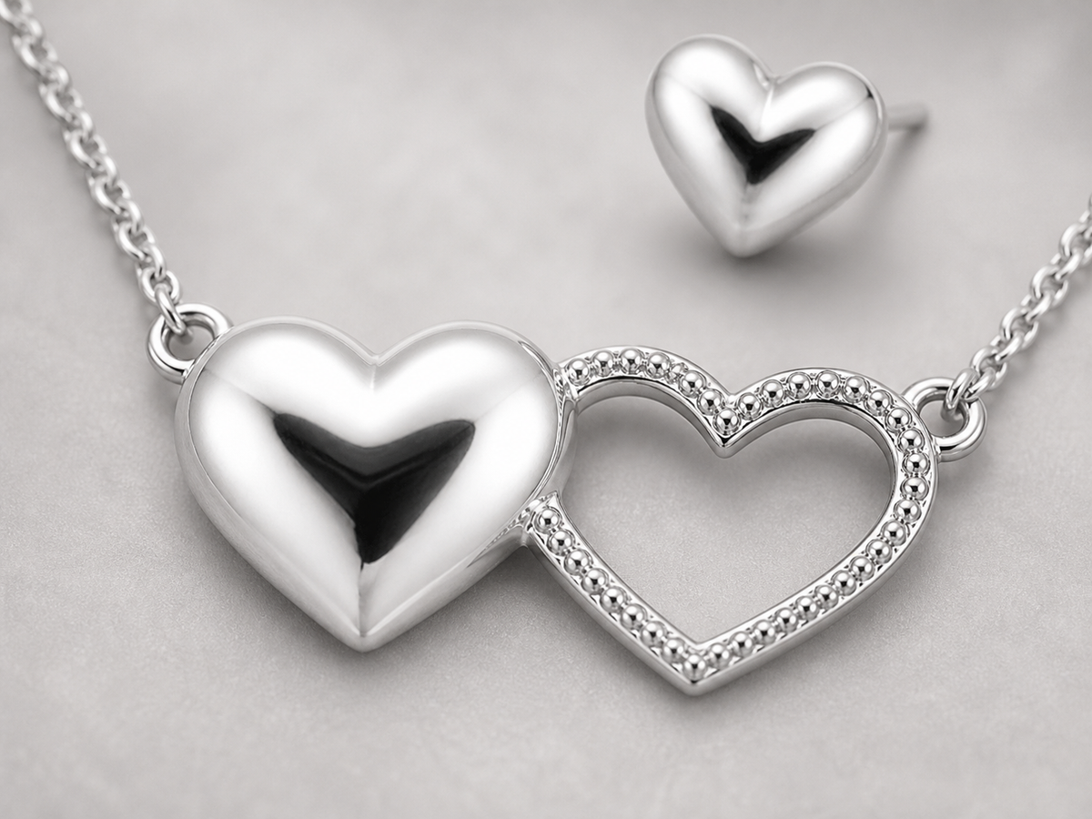 Conjunto Colar e Brinco Folheado a Ouro 18k e Prata 925 Coração Liso e Vazado - Prata