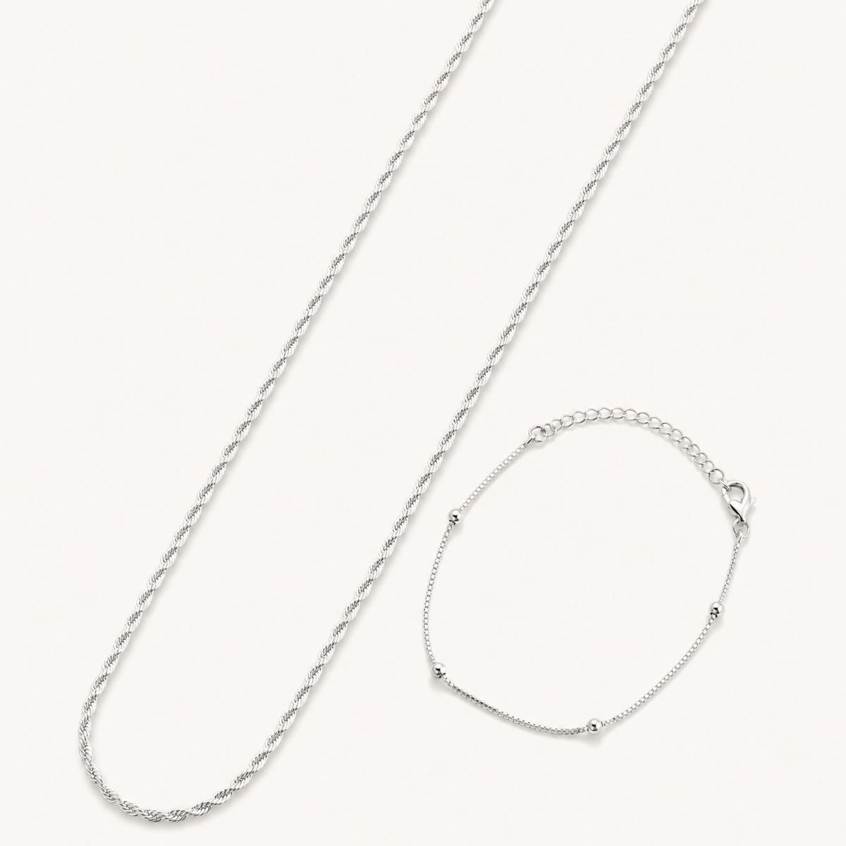 Conjunto Colar e Pulseira Folheado a Prata 925 Cordão Torcido e Esferas