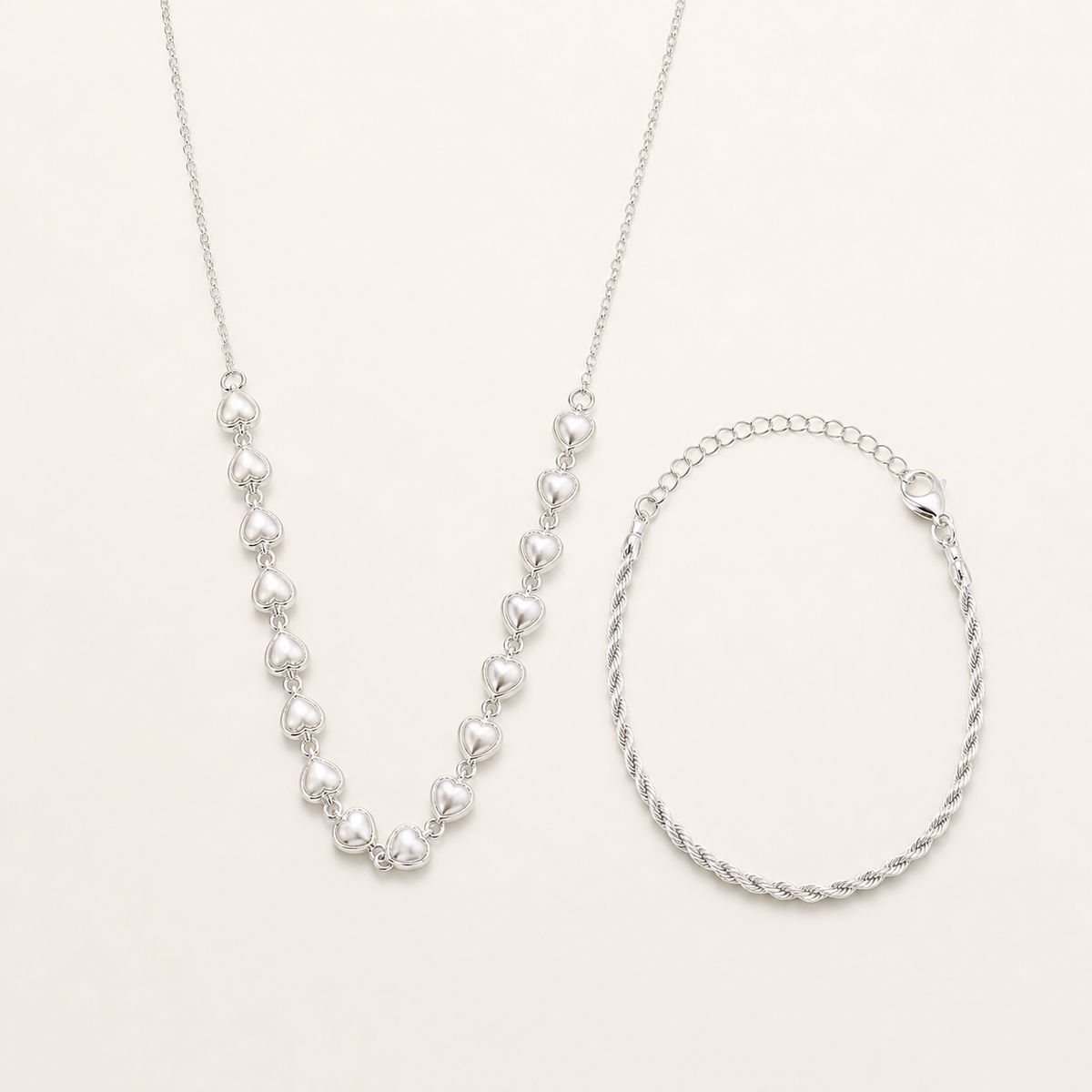 Conjunto Colar e Pulseira Folheado a Prata 925 Cordão Baiano e Corações