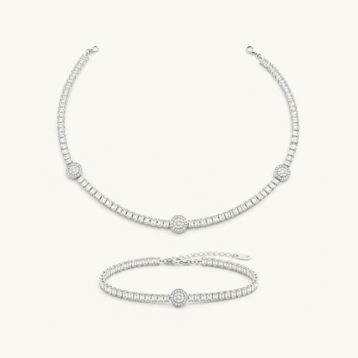 Conjunto Colar e Pulseira Folheado a Ouro 18k e Prata Círculos e Navetes - Prata