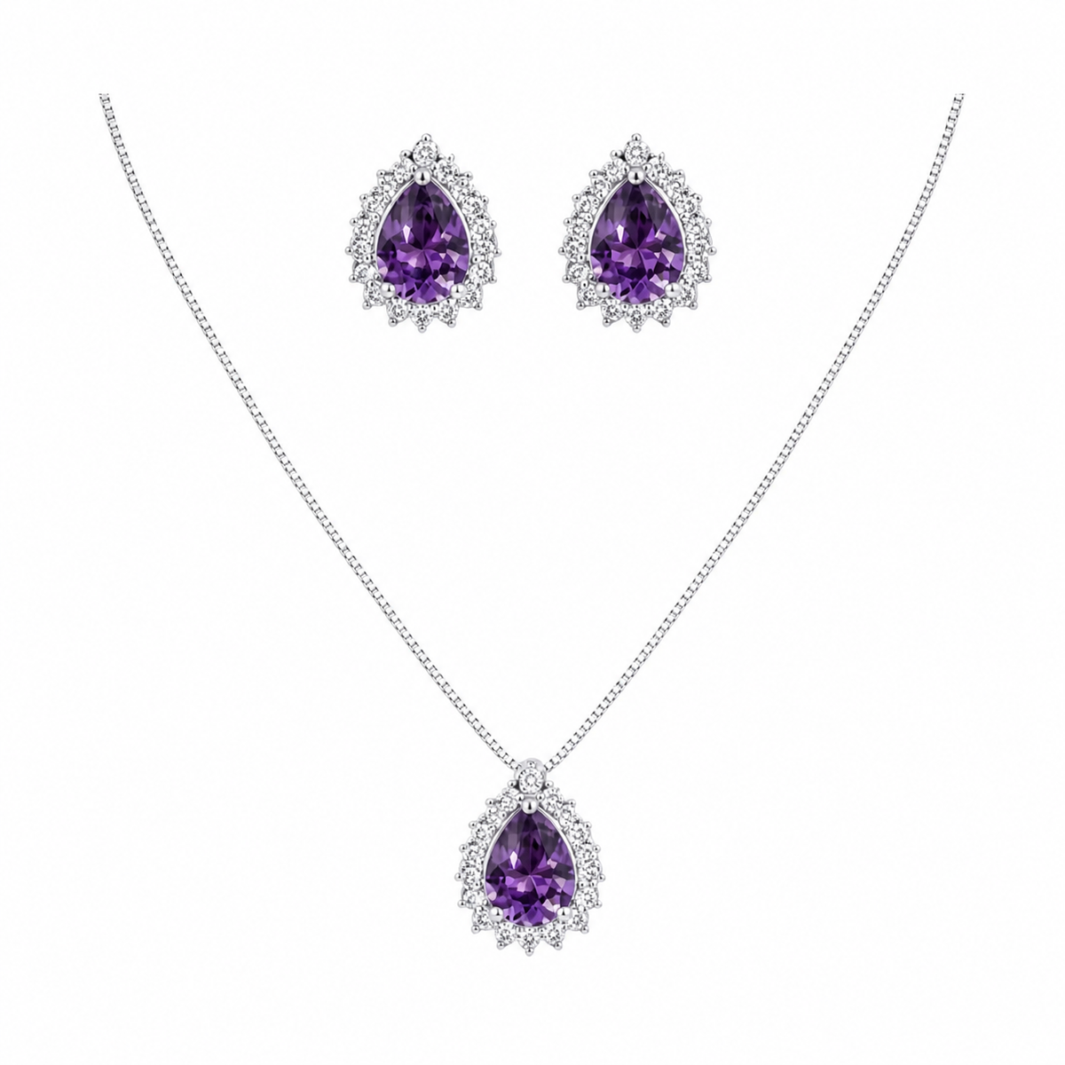 Conjunto Colar e Brinco Folheado a Ouro 18k e Prata Design Gota Cristal Cravejada - Prata - Roxo