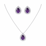 Conjunto Colar e Brinco Folheado a Ouro 18k e Prata Design Gota Cristal Cravejada - Prata - Roxo
