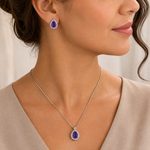 Conjunto Colar e Brinco Folheado a Ouro 18k e Prata Design Gota Cristal Cravejada - Prata - Roxo