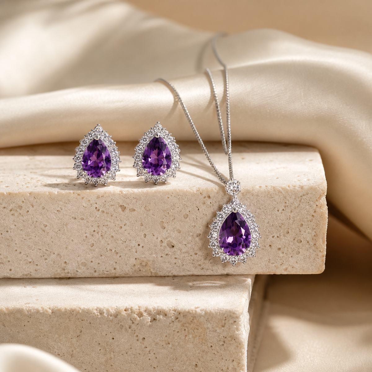 Conjunto Colar e Brinco Folheado a Ouro 18k e Prata Design Gota Cristal Cravejada - Prata - Roxo