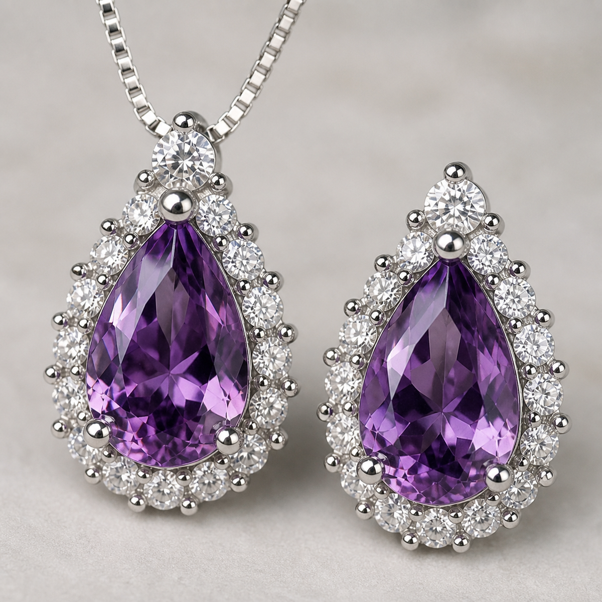 Conjunto Colar e Brinco Folheado a Ouro 18k e Prata Design Gota Cristal Cravejada - Prata - Roxo