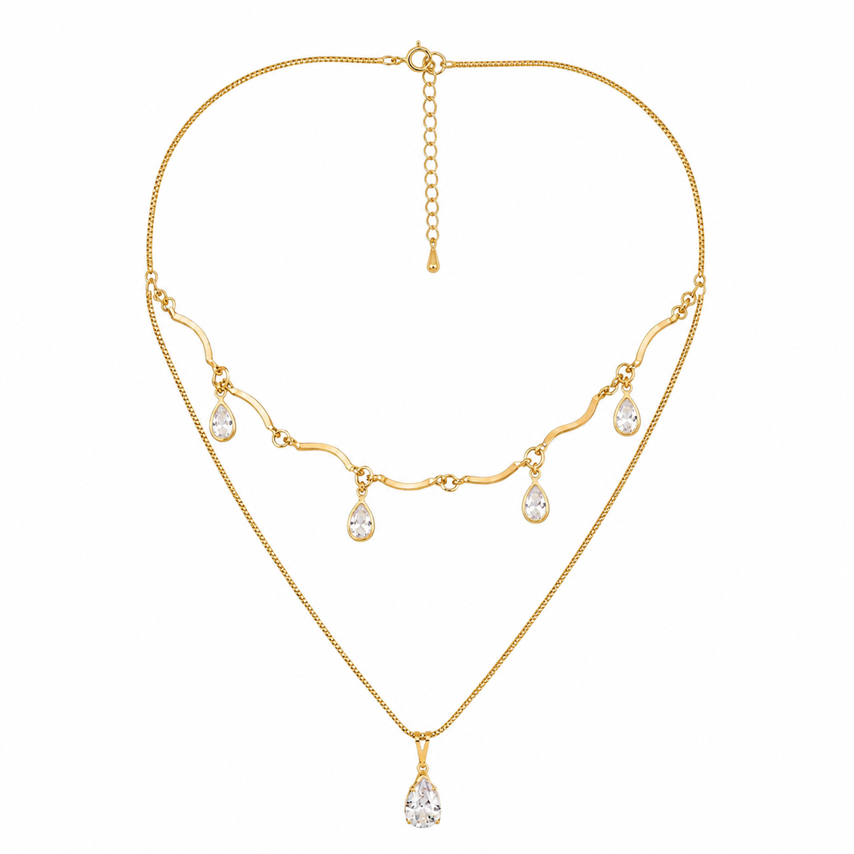 Colar Duplo Folheado a Ouro 18k Gotas Cristal