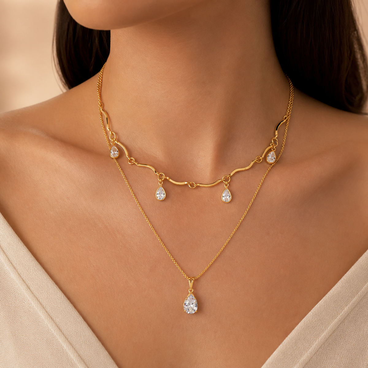 Colar Duplo Folheado a Ouro 18k Gotas Cristal