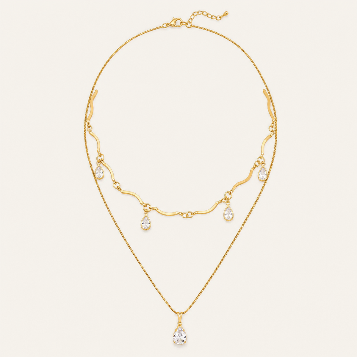 Colar Duplo Folheado a Ouro 18k Gotas Cristal