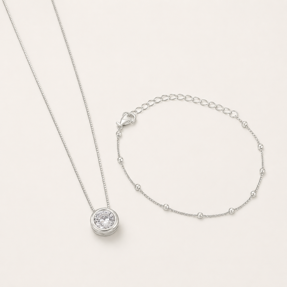 Conjunto Colar e Pulseira Folheado a Prata 925 Esferas e Ponto de Luz