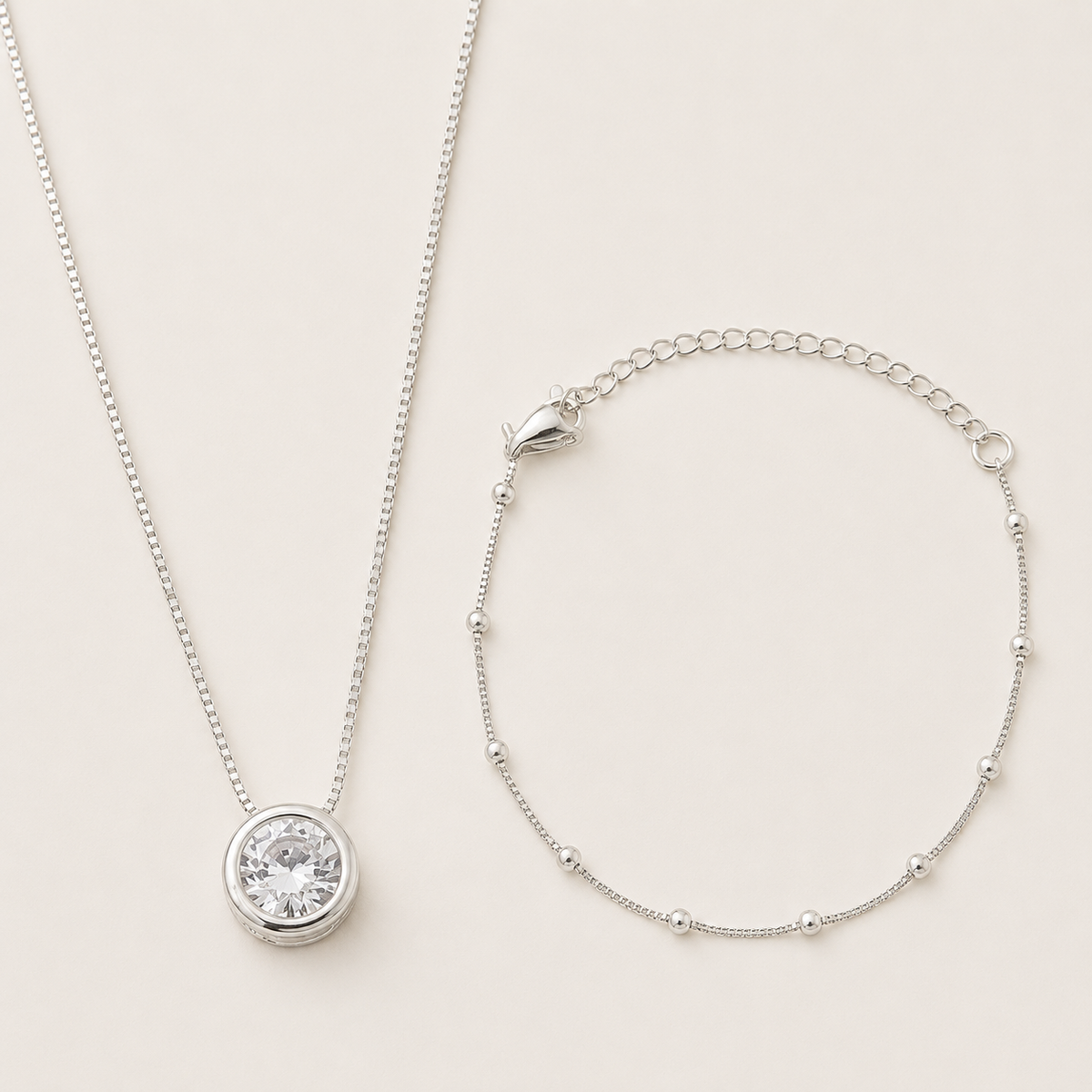 Conjunto Colar e Pulseira Folheado a Prata 925 Esferas e Ponto de Luz