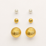 Trio de Brinco Folheado a Ouro 18k e Prata Pérola, Esfera e Botton - Prata