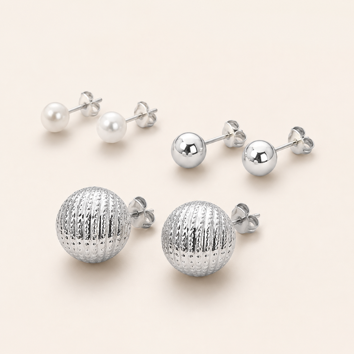 Trio de Brinco Folheado a Ouro 18k e Prata Pérola, Esfera e Botton - Ouro