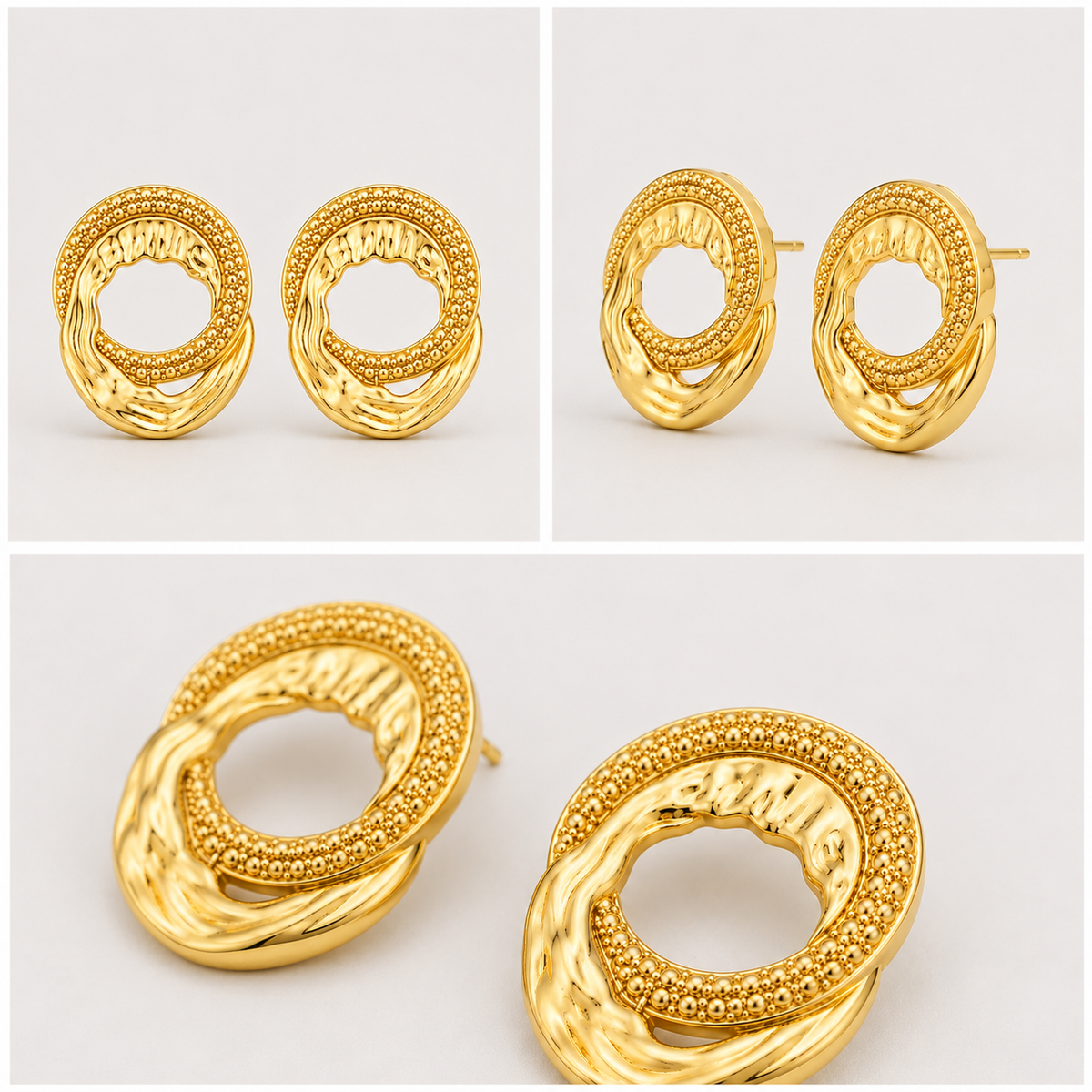 Brinco Folheado a Ouro 18k Círculo Duplo Texturizado Orgânico