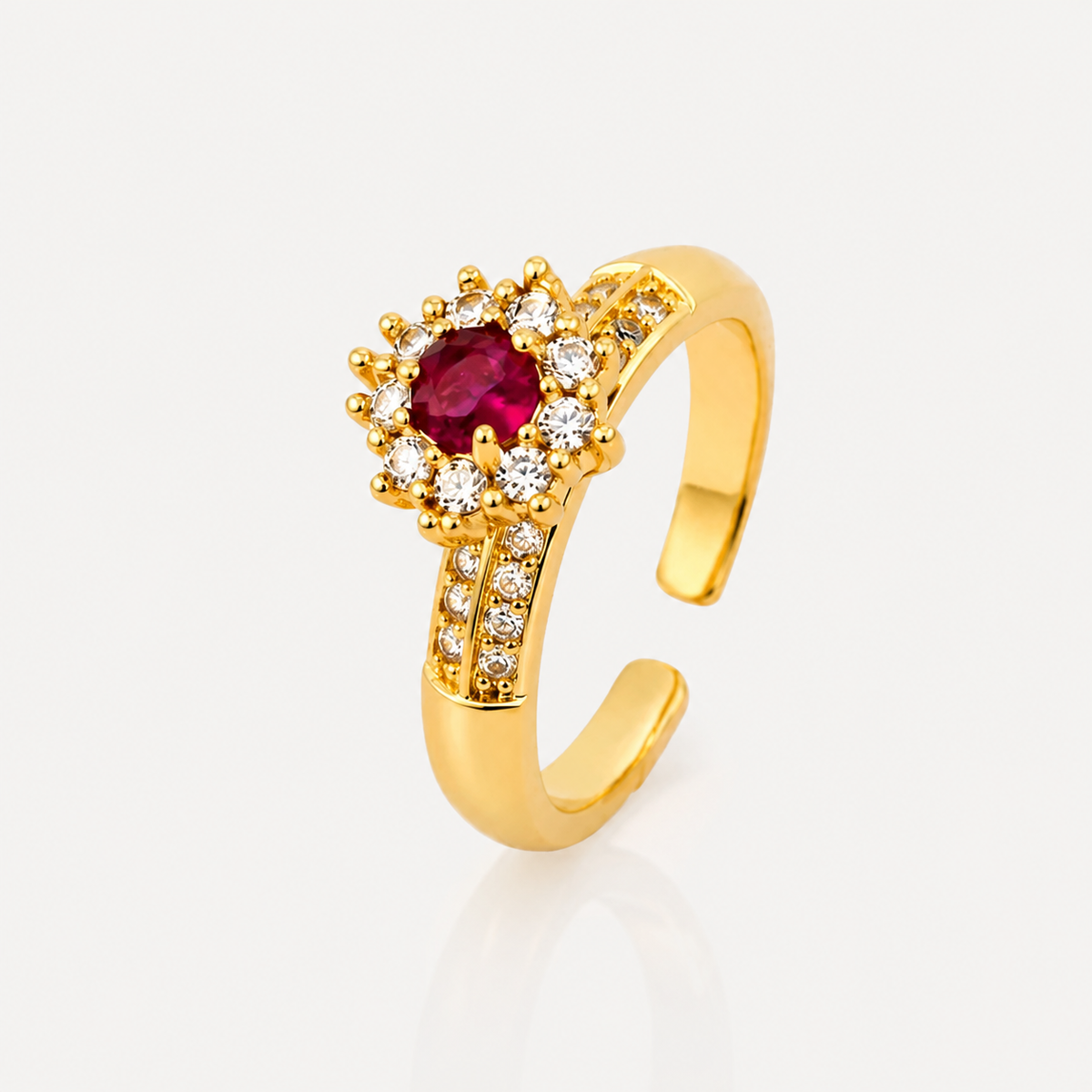Anel Regulável Folheado a Ouro 18k e Prata Flor de Cristal - Vermelho