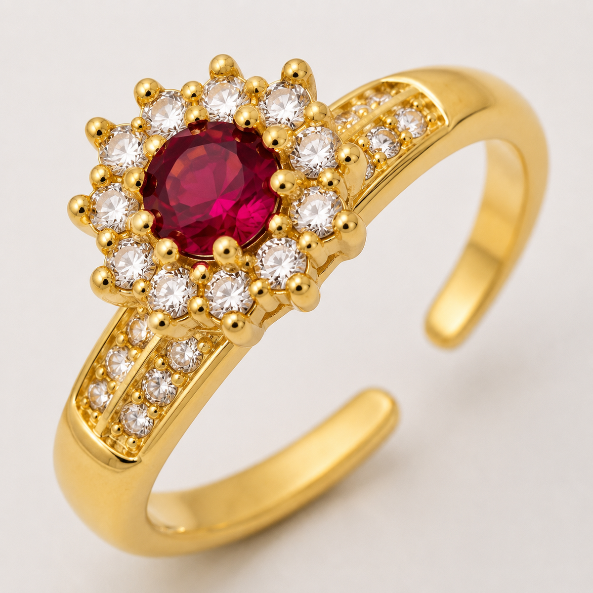 Anel Regulável Folheado a Ouro 18k e Prata Flor de Cristal - Vermelho