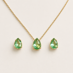 Conjunto Folheado a Ouro 18k Colar e Brinco Gota Cristal Verde