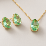 Conjunto Folheado a Ouro 18k Colar e Brinco Gota Cristal Verde