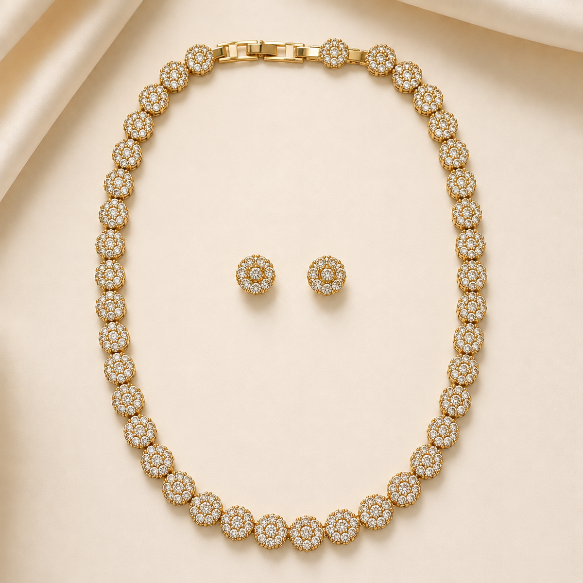 Conjunto Folheado a Ouro 18k Colar e Brinco Riviera Cravejado