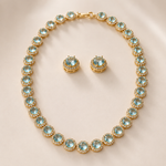 Conjunto Folheado a Ouro 18k Colar e Brinco Halo Cristal Azul