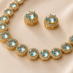 Conjunto Folheado a Ouro 18k Colar e Brinco Halo Cristal Azul