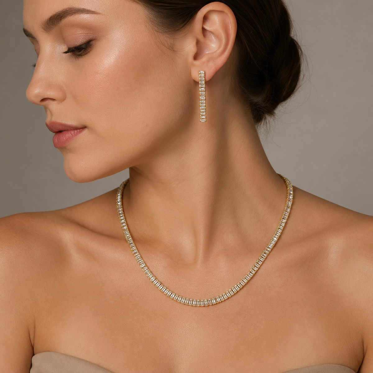 Conjunto Colar e Brinco Baguette Cravejado