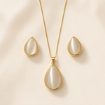 Conjunto Folheado a Ouro 18k Colar e Brinco Gota Pedra Olho de Gato