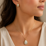 Conjunto Folheado a Ouro 18k Colar e Brinco Gota Pedra Olho de Gato