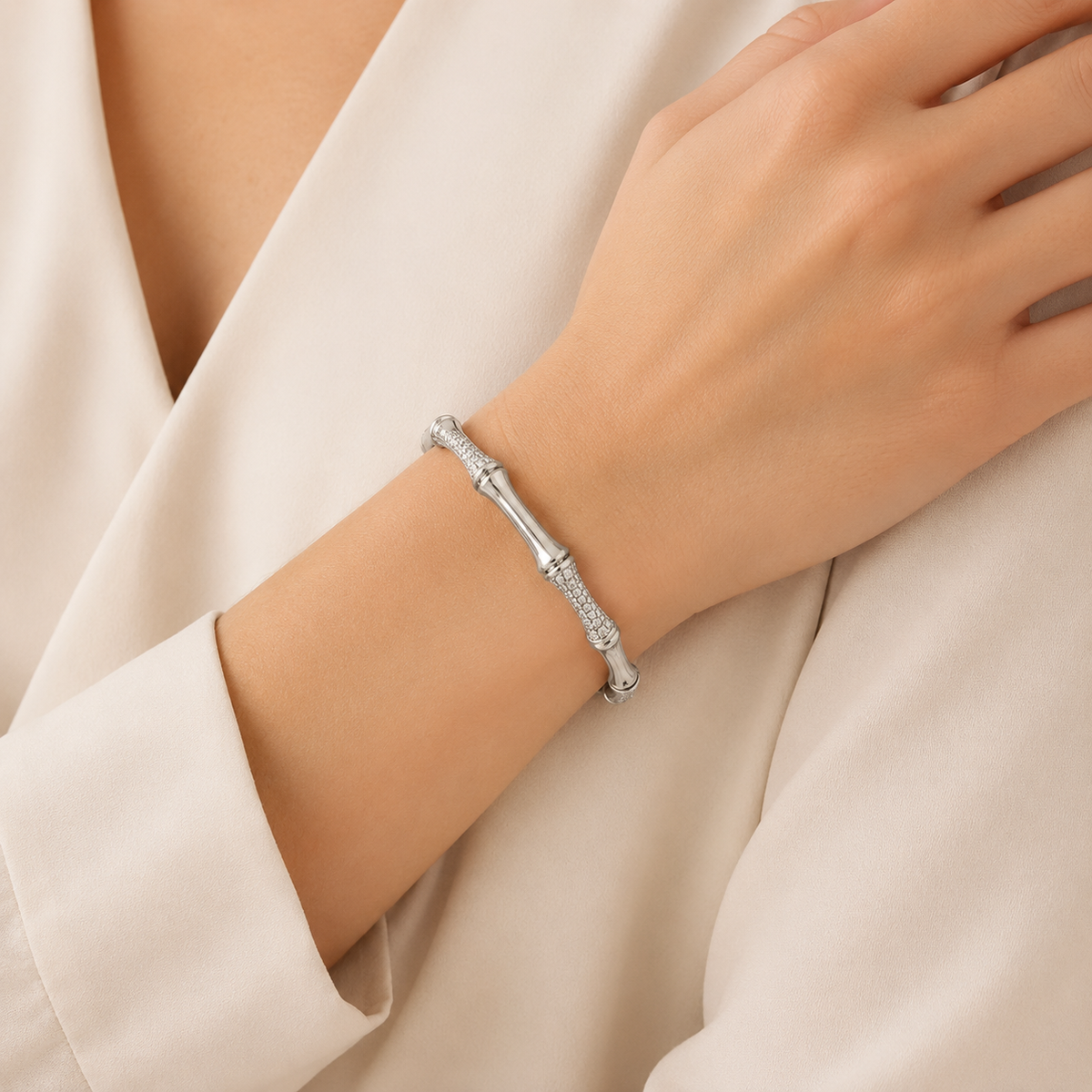 Pulseira Folheada a Prata 925 Bambu Cravejada com Zircônias