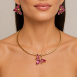 Colar Choker Folheado a Ouro 18k Borboleta Cristal Rosa